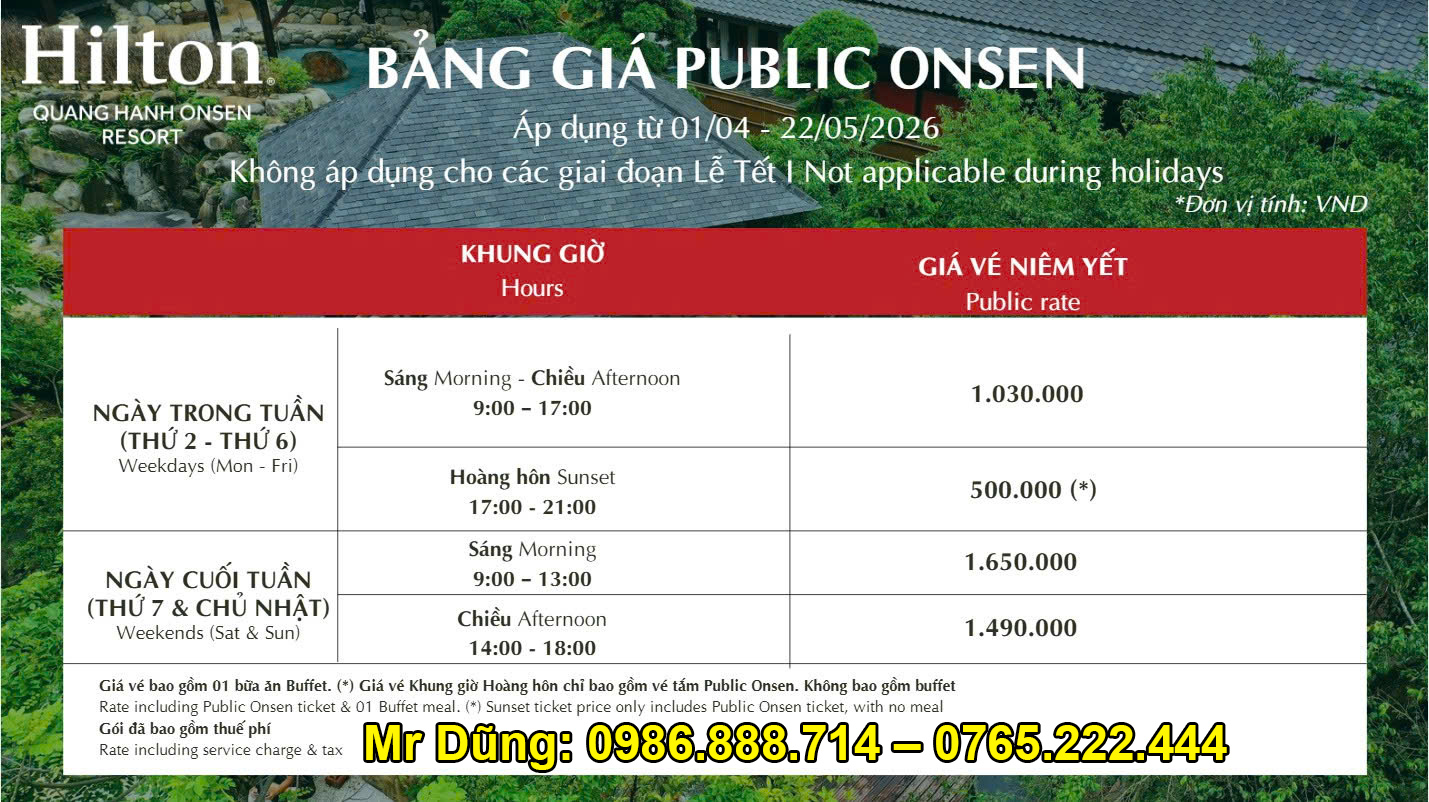 Giá vé Onsen Quang Hanh Quảng Ninh tháng 4,5 /2026