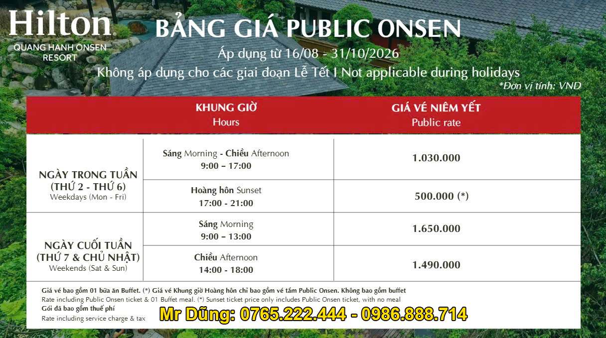 Giá vé tắm khoáng nóng Onsen Quang Hanh Quảng Ninh tháng 9 2026