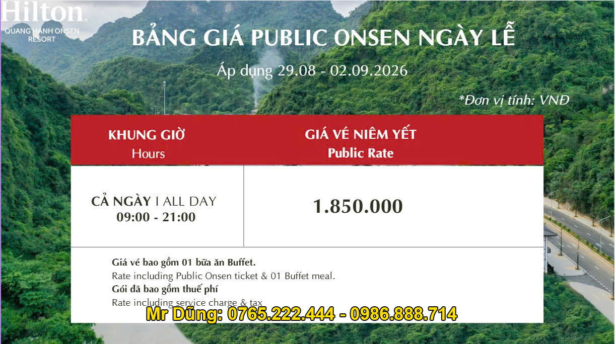 Giá vé Onsen Quang Hanh 5 ngày Lễ 29,30,31/8 và 1,2/9